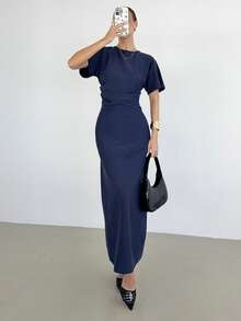 Siren Gaze Đầm hè phối màu xanh hải quân, thanh lịch và duyên dáng, đầm đa năng thắt eo, đầm dự tiệc trang trọng dành cho nữ, đầm dạ hội nữ, đầm công sở, trang phục công sở thường ngày, đầm nữ, đầm dạ hội nữ, đầm hè nữ, đầm tốt nghiệp, đầm dạ tiệc - Màu xanh hải quân - Xem 7