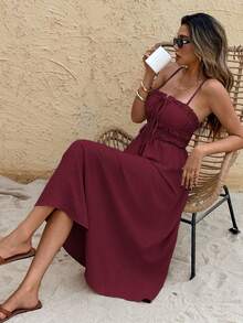 SHEIN Frenchy Women's Solid Color Oblique Pocket Casual Vacation Spaghetti Strap Mid-Length Dress - Dark Red - View 8