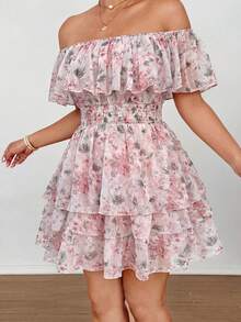 Sunnyshic Vestido de pastel con volantes y estampado floral romántico de hombros descubiertos - Rosa - Ver 5