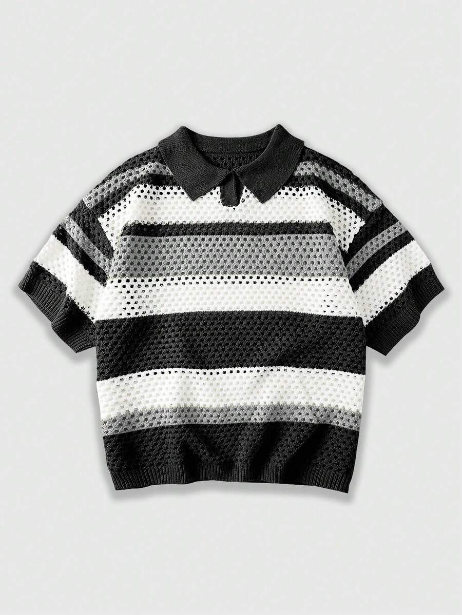 ROMWE MEN Street Life Men's Casual Contrast Color Hollow Out Knit Short Sleeve Top, Spring/Summer - Multicolor - View 1