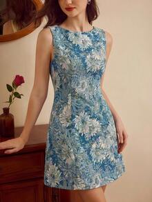 Vintamour Vestido de mujer elegante y clásico vintage, vestido ajustado de jacquard para primavera/verano, vestido de escote barco y línea A, vestido de jacquard con estampado de flores azules - Azul - Ver 3