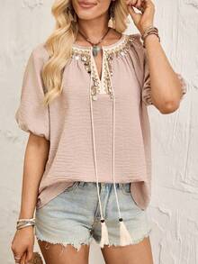 Breezaya Camisa de mujer casual de vacaciones con cuello en V, mangas farol y adorno de lentejuelas, color caqui - Caqui - Ver 5