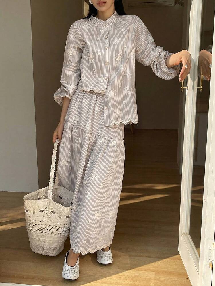 Women's Casual Striped Floral Embroidered Collared Shirt And A-Line Skirt 2-Piece Set, Spring/Summer