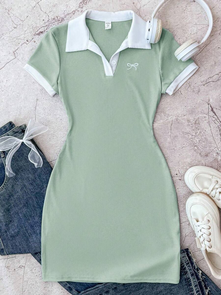 Sage Green,Summer,Elegant,Graduation,Back-To-School Kids Teen Girls Contrast Collar Ribbed Knit Butterfly Embroidery Snug Fit Casual Button Dress - Mint Green - View 1