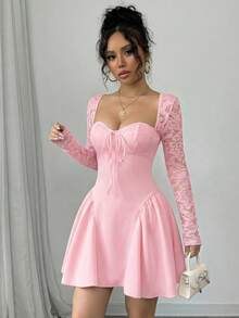 SHEIN Glamour 节日服装连衣裙 圣诞派对舞会 白色蕾丝长袖公主蓬蓬裙性感迷你连衣裙；秋季女装；节日派对连衣裙；新年夜连衣裙；新年女装；情人节迷你连衣裙；春夏迷你连衣裙；黑白拼接黑色束身连衣裙 - 粉色 - 查看 6