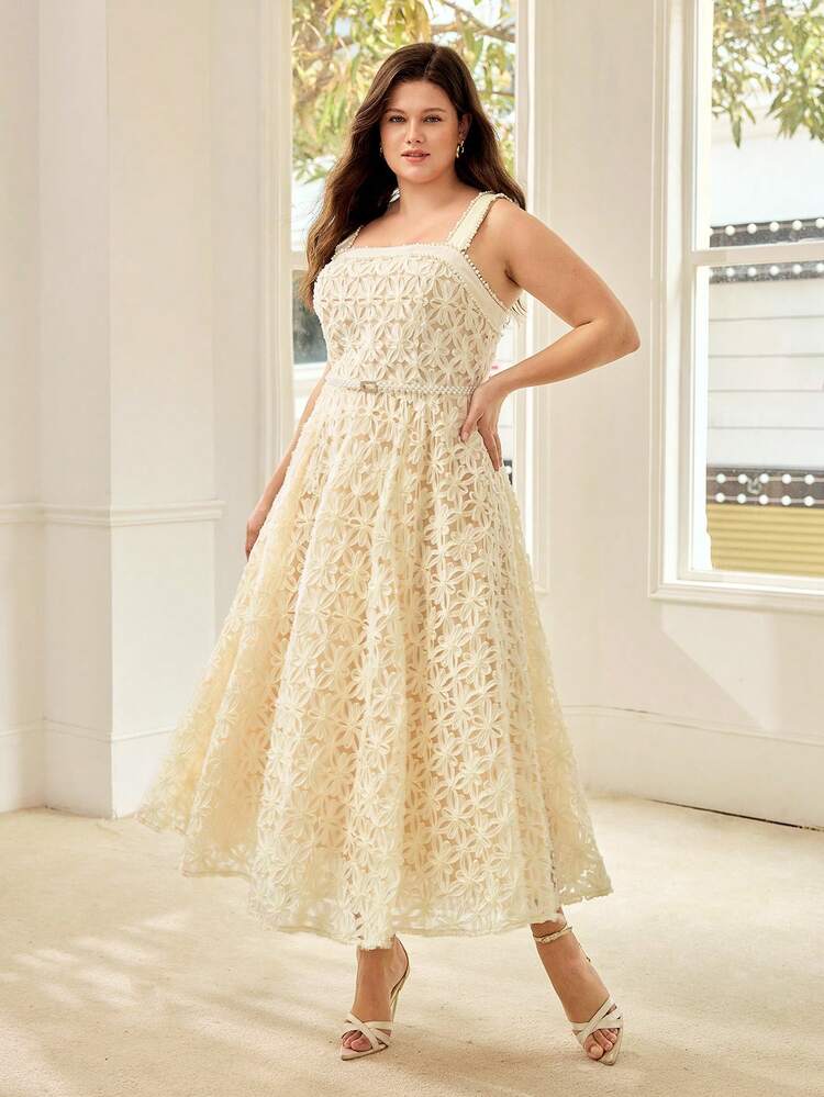 PLUS SIZE MESH EMBROIDERED CUTOUT FAUX PEARL BEADED ROMANTIC DRESS