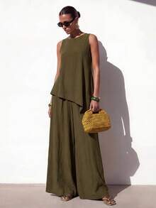 Zivah 2026春夏新款休闲通勤宽松军绿色圆领无袖侧开衩不规则下摆上衣+高腰阔腿裤两件套。适合日常出行、派对、旅行、聚会、波西米亚风、海滩、机场穿搭、早午餐、节日以及婚礼宾客着装。 - 橄欖綠 - 查看 6