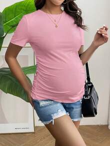 SHEIN 孕妇休闲日常通勤纯色褶皱修身短袖T恤，夏季 - 粉色 - 查看 5