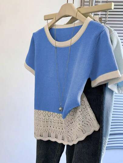 Nubod 2026 Plus Size Women's Fashion Casual Minimalist Versatile Short-Sleeve Sweater With Small Round Neck In Contrasting Green And White, Perfect For Everyday Wear