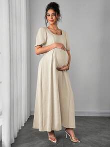 SHEIN Asymmetric Shoulder Ruched Waist A-Line Elegant Romantic Maternity Dress, Comfortable - Apricot - View 4