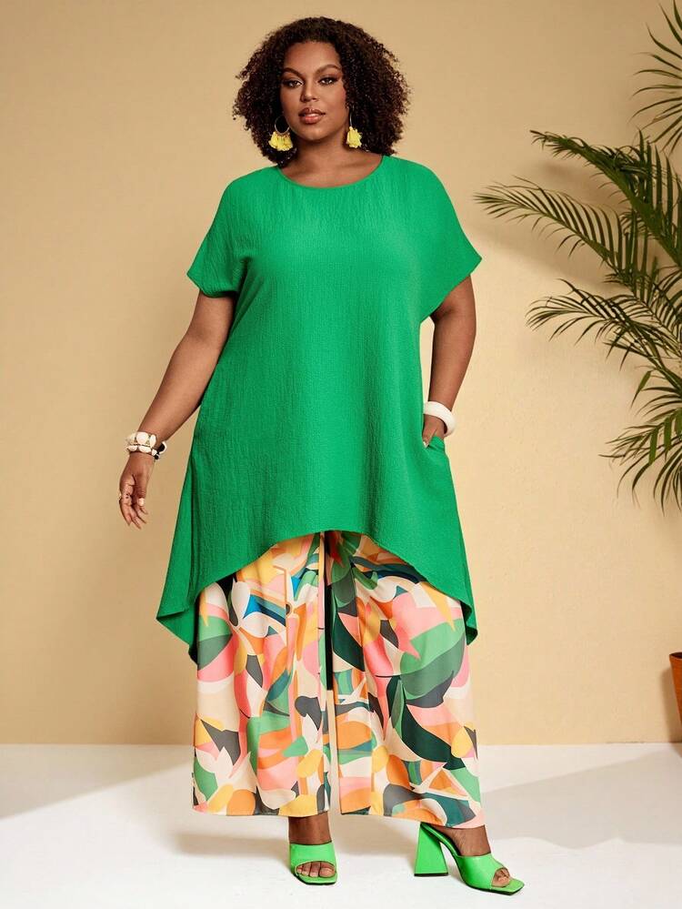 Plus Size Women Casual Solid Color Asymmetric Hem Top And Full Print Pants Set,Summer Dresses For Women ,Beach Outfits For Women,Casual Sets For Women,Holiday Outfits For Women,Country Outfits For Women Plus Size Women Summer Outfits Women Vacation Outfit Sets Plus Size Women Clothes Summer Clothes Tropical Outfit For Women Plus Size Women's Summer Outfits Plus Size Spring Clothes Plus Size Women's Clothing Stores Online