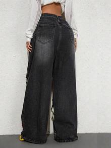 ROMWE Street Life Y2K Casual Street Style Pocket Embroidery Design Dual Waistband Loose Fit Denim Jeans - Black - View 4