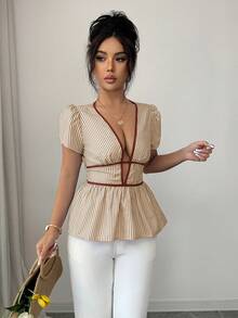 SHEIN Elenzya 优雅夏季度假蓝色条纹深V领性感镂空女式衬衫 - 卡其色 - 查看 5