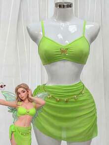 Fantasy Costume 3件套女士性感仙女装：闪亮网纱吊带不对称系带蝴蝶链连衣裙 - 綠色 - 查看 1