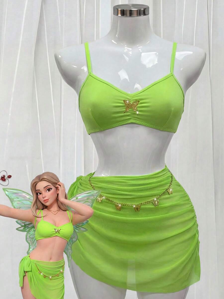 Fantasy Costume 3件套女士性感仙女装：闪亮网纱吊带不对称系带蝴蝶链连衣裙 - 綠色 - 查看 1
