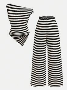 SHEIN Bộ đồ 2 mảnh cho bé gái tuổi teen, họa tiết sọc bất đối xứng, màu đen trắng, áo thun lửng trễ vai và quần. - Đen và trắng - Xem 2