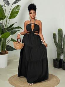 Maweii Plus Size Women Solid Color Halter Tie Ruched Casual Party Vacation Dress - Black - View 6