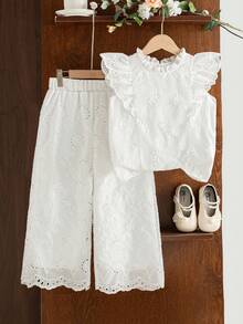 SHEIN 2件組全白夏季茶會法式風刺繡布料荷葉領短袖上衣與直筒長褲女童套裝 - 白色 - 查看 5