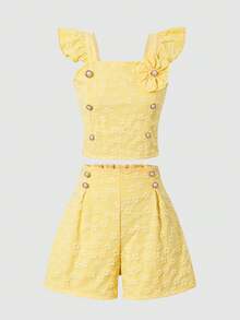 SHEIN 2pcs/Set Tween Girls Sweet Princess Butter Yellow Floral Embroidery Jacquard Vest & Shorts Set,Spring/Summer Ruffle Sleeve Top & Shorts For Wedding - Yellow - View 11