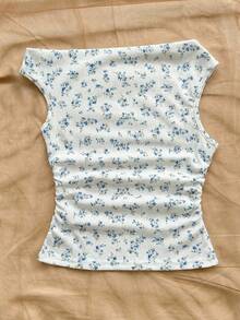 Tween Girls' Casual Elegant Vacation Textured Asymmetrical Shoulder Ruched Cropped T-Shirt - Baby Blue - View 2
