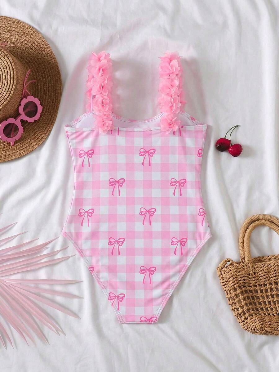 SHEIN 少女可爱粉色碎花条纹蝴蝶结装饰连体泳衣,夏季 - 粉色 - 查看 1