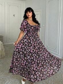 Lyrianda Vestido de verano casual y romántico con estampado floral pequeño para mujer talla grande - Negro - Ver 6