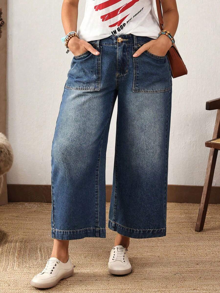 SHEIN CURVE+ 大码女式宽松口袋阔腿休闲牛仔裤 - 藍色 - 查看 1