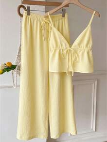 SHEIN EZwear 两件套梭织休闲女式系带吊带背心和裤子套装 - 鵝黃色 - 查看 6