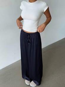 SHEIN Tall CURVE 大码女式休闲抽绳腰宽松阔腿裤，纯色，适合日常通勤 - 藏蓝色 - 查看 7