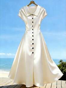 GlowEve 女士优雅纯色衬衫领铆钉荷叶边腰部细节修身黑色衬衫裙，配缎面装饰纽扣，短袖，夏季穿着 - 杏色 - 查看 3