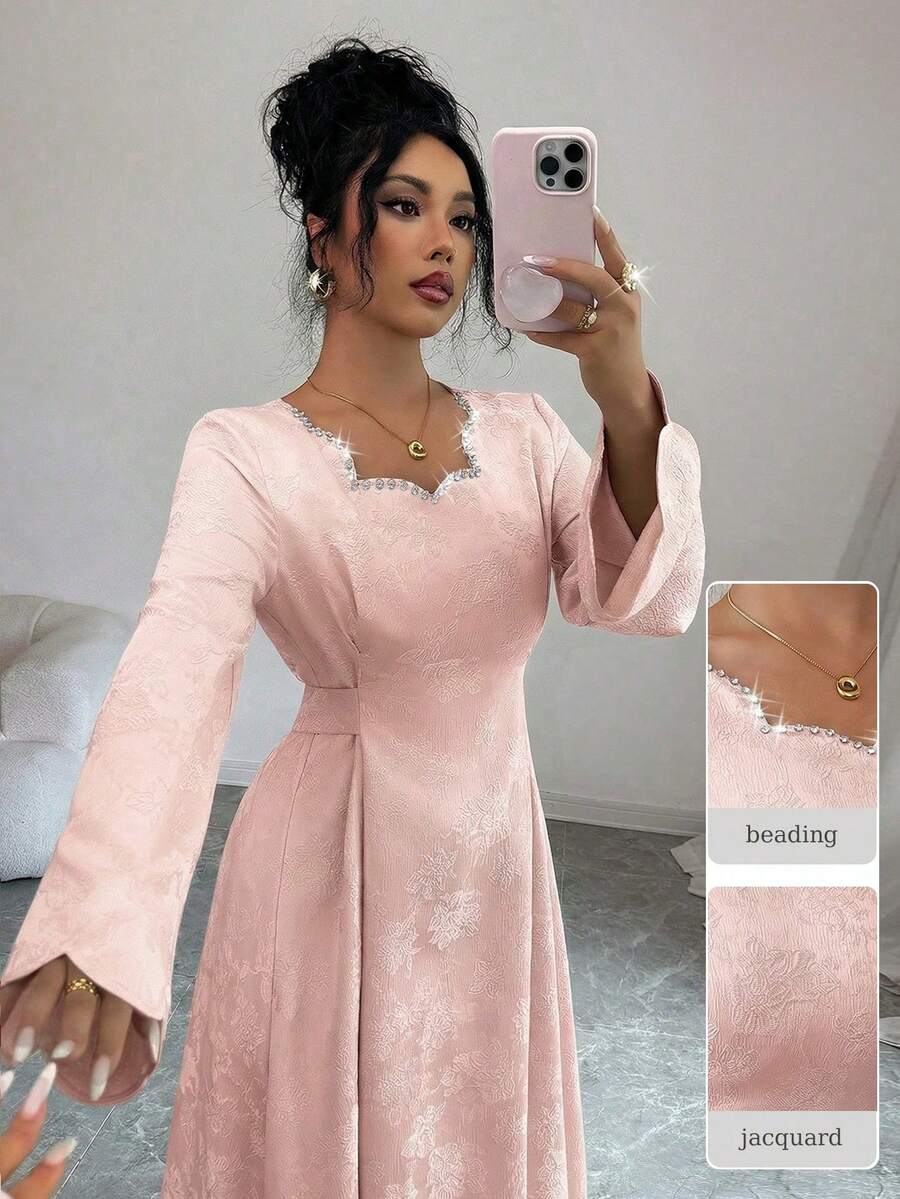 Yasmyna Đầm chữ A thanh lịch kiểu Ả Rập màu xanh lá cây pha lê, chất liệu jacquard, thắt dây, dành cho nữ. - Hồng - Xem 1