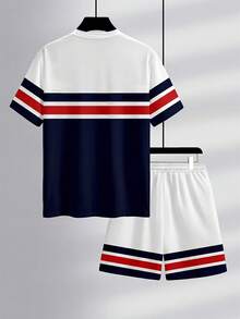 Manfinity RSRT Men's Contrast Color Patchwork Anchor Print Short Sleeve T-Shirt And Shorts Set - Multicolor - View 2