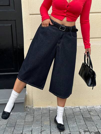 Dazy Plus Quần jeans lửng ống đứng màu xanh đậm, chất liệu denim mài, kiểu dáng thoải mái dành cho nữ, cỡ lớn, phong cách cao bồi miền Tây đa năng, thích hợp cho mùa xuân/hè.