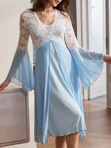Moireta 法式优雅蕾丝撞色吊带裙睡袍两件套女士睡衣套装 - 藍色 - 查看 4