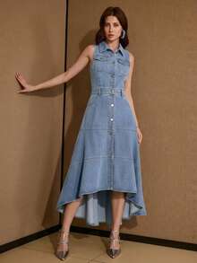 MOTF PREMIUM VESTIDO DE MEZCLILLA CON DOBLADILLO ASIMÉTRICO DE PARAGUAS SIN MANGAS PARA MUJER - Lavado ligero - Ver 5