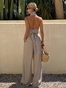 Livesso Bộ đồ thể thao nữ đi nghỉ mát gồm áo hai dây xếp ly kẻ sọc và quần ống rộng, kiểu dáng thường ngày. - Màu Khaki - Xem 3