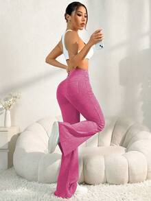 SHEIN Core Rhythm Damen High Waist Schlaghose mit Taschen, lässige Sporthose für Training, Laufen, Fitness, Pendeln, Po-Lifting (zufälliger Sandgestrahlter Effekt) - Heißes Pink - Übersicht 4
