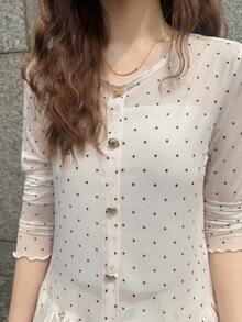 FRIFUL Women's Summer Polka Dot Pattern Button Design Ruffle Hem Blouse - White - View 7