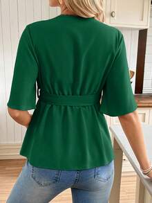 SHEIN Maternity Solid Color V-Neck Ruffle Trim Shirt With Belt - Dark Green - View 2