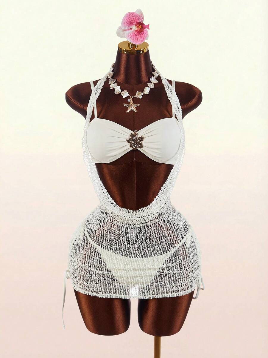 Amplova 3pcs Women's Sexy Halter Bikini Set With Cover Up, Revealing Front Backless Mini Dress Suit, Suitable For Summer - Apricot - View 1