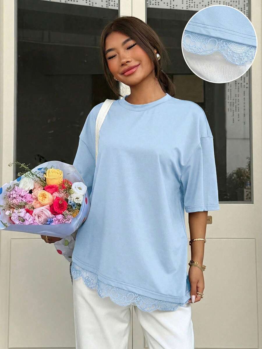 Muchica 女士春夏新款蕾丝边圆领短袖T恤 - 藍色 - 查看 1
