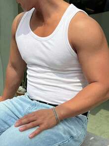 DAZY Plus Size Men's Solid White Ribbed Tank Top, Summer - White - View 3