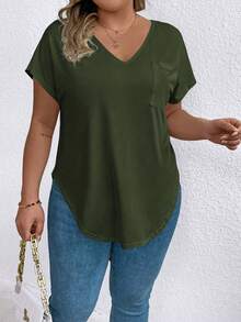 SHEIN LUNE CURVE 大码女式纯色V领休闲百搭日常短袖T恤 - 軍綠色 - 查看 1