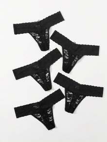 Seduluxe 5pack Scallop Trim Lace Thong Set, Sexy Lingerie - Black - View 2