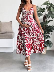 SHEIN Printed Waistline Sleeveless Casual Maternity Dress - Burgundy - View 5
