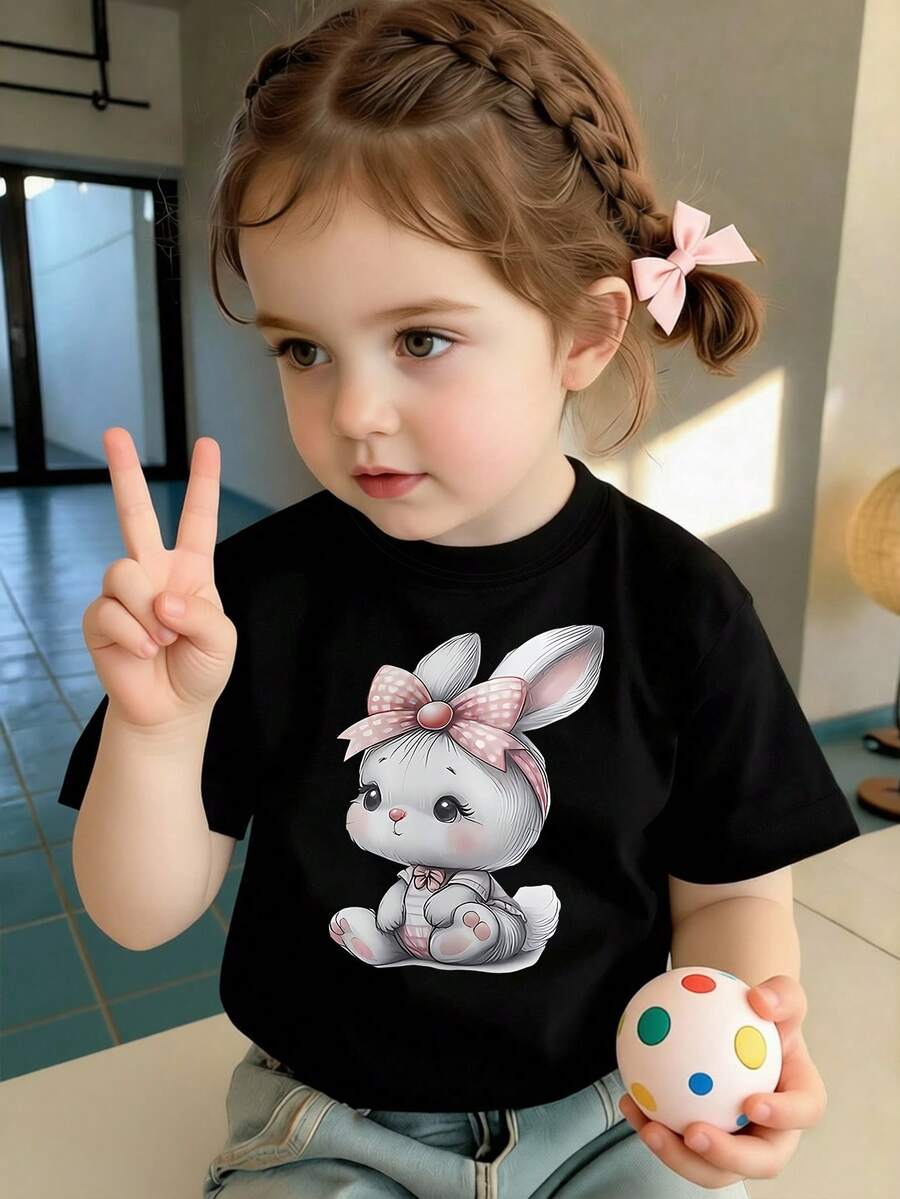春夏女童休闲时尚创意个性清新简约可爱蝴蝶结兔子印花基础款白色短袖T恤,舒适日常穿着 - 黑色 - 查看 1