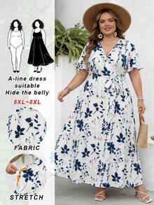 SHEIN CURVE+ 休闲复古大碎花宽松大码抽绳连衣裙，适合春夏穿着，适合丰满身材，适合度假穿着，飘逸连衣裙，女士沙滩装/沙滩裙/沙滩度假装/沙滩必备/毕业典礼/下午茶会连衣裙/夏季/乡村/沙滩度假装/沙滩装/沙滩服饰 - 彩色 - 查看 2