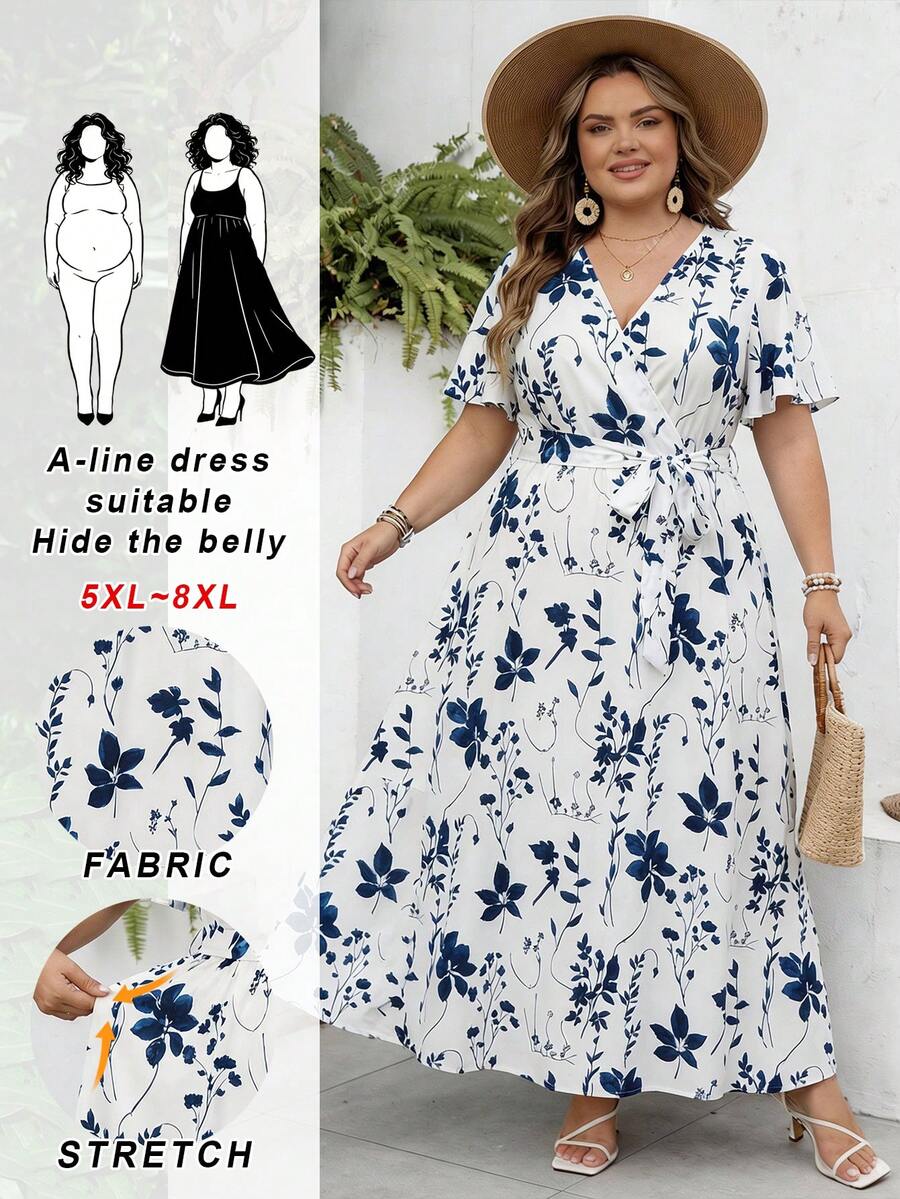 SHEIN CURVE+ 休闲复古大碎花宽松大码抽绳连衣裙，适合春夏穿着，适合丰满身材，适合度假穿着，飘逸连衣裙，女士沙滩装/沙滩裙/沙滩度假装/沙滩必备/毕业典礼/下午茶会连衣裙/夏季/乡村/沙滩度假装/沙滩装/沙滩服饰