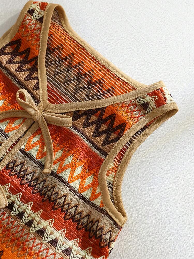 两件套少女钩针条纹圆领背心和短裤套装，适合旅行、户外活动、假日派对、夏季海滩度假、夏日氛围、节日活动。 - 彩色 - 查看 5