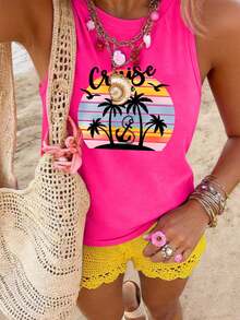 SHEIN LUNE Áo tank top cỡ lớn in hình cây dừa, kiểu dáng thường ngày. - Màu Hồng Tươi - Xem 5